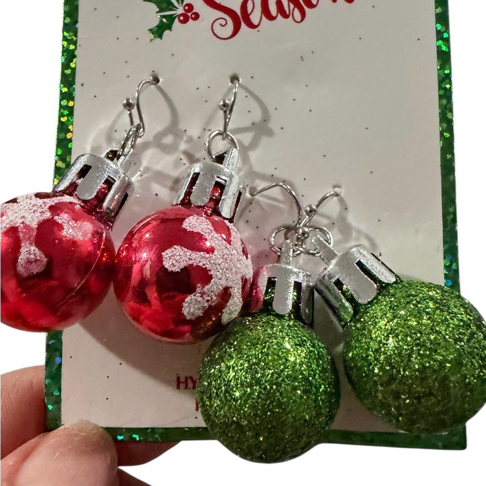 Two Pair of Festive Red and Green Ornament Earrings